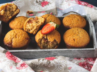 Peanut butter muffins with strawberry jam. Home made treat.