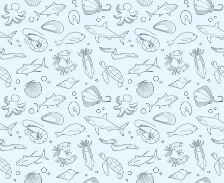 Seamless background with outline pictures of seafood