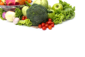 Glucose meter with  fresh  raw vegetables and fruits , desk of healthy organic vegetables, concept for healthy eating and diabetes.