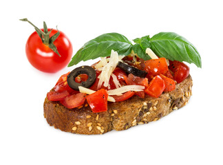 Bruschetta with fresh tomato, basil, cheese and olive