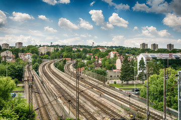 Belgrade, Serbia May 14, 2017: The stadium of the football club Partizan and the Belgrade metro railroad