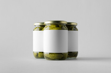 Pickled Cucumber Jar Mock-Up - Three Jars. Blank Label.