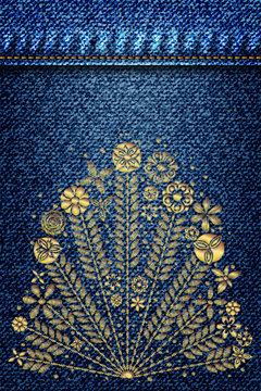 Gold flower embroidery design. Embroidery ethnic floral jeans line or short floral blooming for fashion wearing. Flowers on blue denim texture background. Jeans pattern. Dark blue jeans cloth. Vector.
