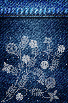 Silver lace flower embroidery on jeans or blue denim background design. Contemporary lace background ornamental floral background for wedding invitation. Decorative element for patches and stickers.