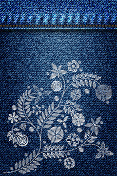 Girl denim texture with embroidery silver trend floral bouquet. Stitch patch jeans dress. Contemporary traditional folk with silver flowers arrangements on blue background for dress design. Vector.