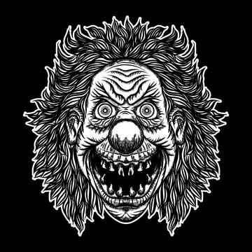 Scary clown head concept of circus horror film character. Laughing angry insane joker head, front face of horror and crazy maniac. Evil smiling character. Blackwork adult flesh tattoo concept. Vector.
