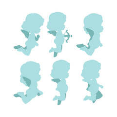 Set of Six Vector Cherubs in shades of blue silhouette which can be used for your wallpapers, backgrounds, backdrop images, fabric patterns, clothing prints, labels, crafts & other projects
