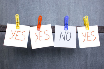 Yes and No words written on notes on the dark background.