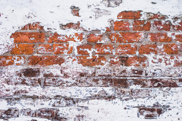 Ancient brick wall with remains of plaster - grunge background, texture