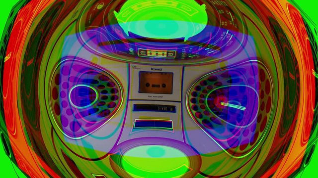 a vintage hifi ghettoblaster moving around arraticly in space with intentional overlayed video distortion and glitch effects