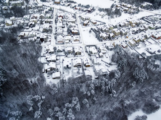 Aerial top view of snowy forest and detached houses in winter