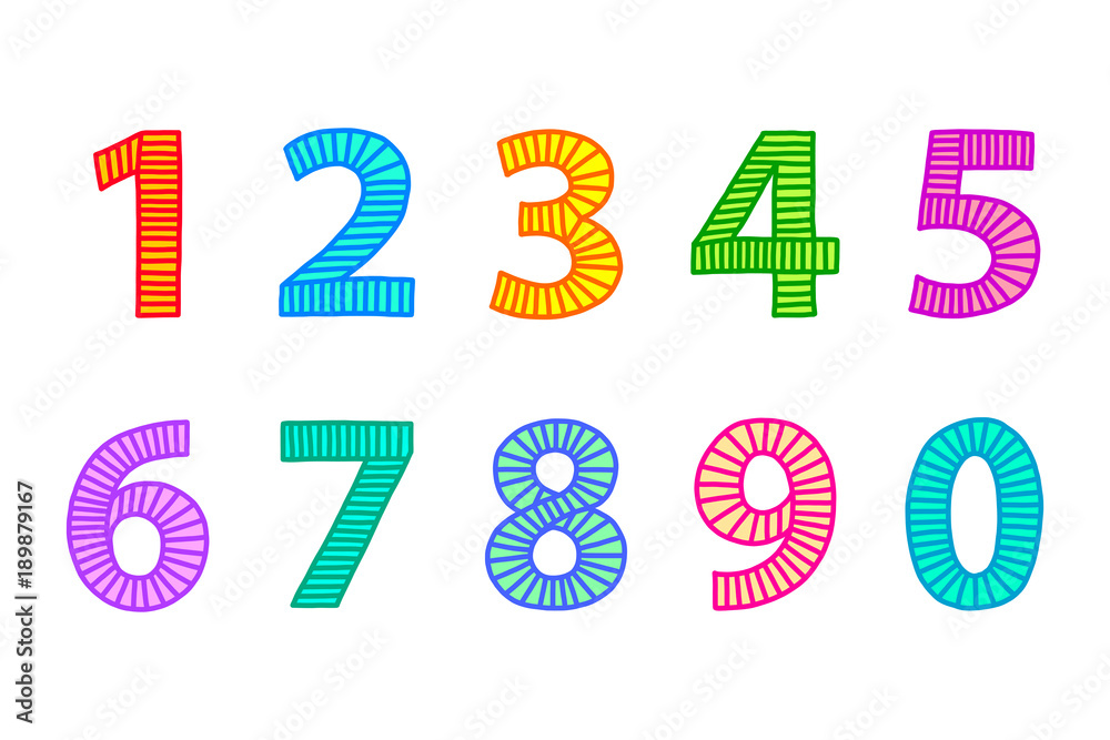 Wall mural multi colored freehand drawn numbers from one to zero. outlines with lines in even distances, filled