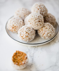 Carrot Coconut sweet balls, selective focus