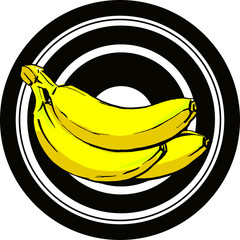 bright yellow bananas with a black stroke on a background of unequal concentric circles of black and white background
