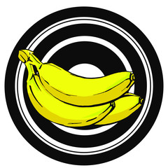 vector bright yellow bananas with a black stroke on a background of unequal concentric circles of black and white background