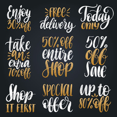 Vector set of handwritten sales phrases. Calligraphic collection for ad posters, discount cards. Lettering illustrations