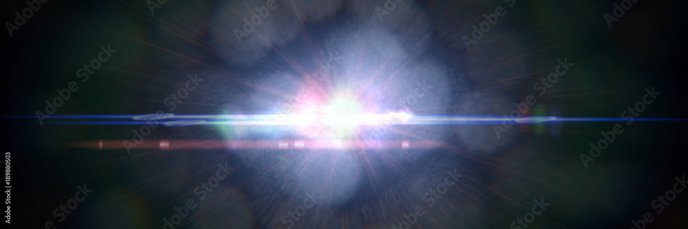 Sticker intense lens flare effect overlay texture banner with bokeh effect and light streak in front of a bl