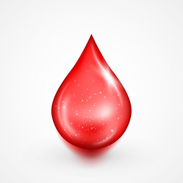 Drop of blood icon, symbol of transfusion, medical donation, health care, test importance and life energy. Red hemoglobin color represents priceless human body liquid.