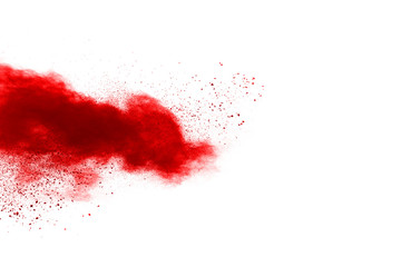 Red powder explosion on white background. Colored cloud. Colorful dust explode. Paint Holi.