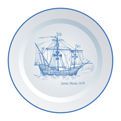 Old caravel. Ship on the Blue Dutch tile. Imitation. Frigate, vintage sailboat, Sailing vessel , glazed porcelain ceramic.