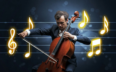 Young cellist with music sheet