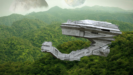 futuristic spaceship flying over the surface of an alien world, exo planet exploration © dottedyeti