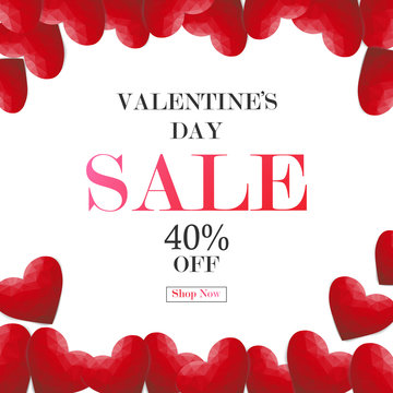 Valentine's day sale background with red low poly heart, vector illustration template, banners, Wallpaper, invitation, posters, brochure, voucher discount