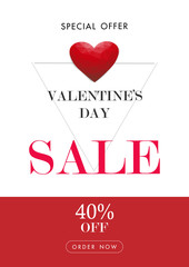 Valentine's day sale background with red low poly heart, vector illustration template, banners, Wallpaper, invitation, posters, brochure, voucher discount