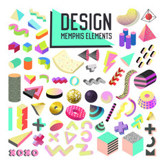 Abstract Memphis Style Design Elements Set. Geometric Shapes Collection with 3d Forms and Fluid for Patterns, Backgrounds, Brochure, Poster, Flyer, Cover. Vector illustration