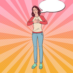 Pop Art Sad Frustrated Woman Having Heart Ache with Hands on her Chest. Vector illustration