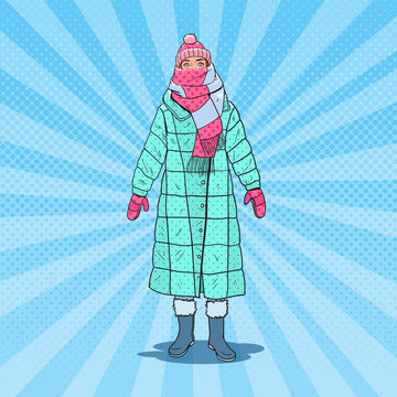 Pop Art Beautiful Woman in Warm Winter Clothes Outdoor. Cold Weather. Vector illustration