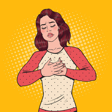 Pop Art Sad Frustrated Woman Having Heart Ache with Hands on her Chest. Vector illustration