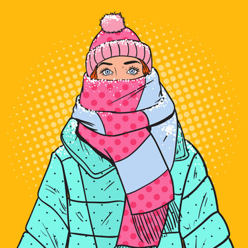 Pop Art Portrait of Beautiful Woman in Warm Winter Clothes. Cold Weather. Vector illustration