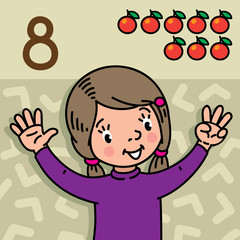 Girl showing eight by hand Counting education card