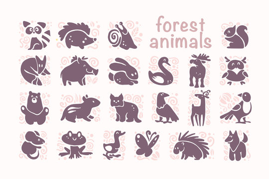 Vector collection of flat cute animal icons isolated on white background. Forest animals and birds symbols. Hand drawn emblems. Perfect for logo design, infographic, prints etc.