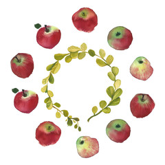 Traditional Russian fruits are apples. Watercolor rustic wedding image of red apple. Natural watercolor splash painting texture. Wedding card, greeting cards, creation of hipster label.