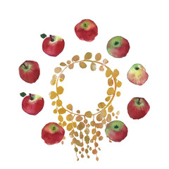 Traditional Russian fruits are apples. Watercolor rustic wedding image of red apple. Natural watercolor splash painting texture. Wedding card, greeting cards, creation of hipster label.