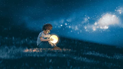 Fotobehang nachtscène met jonge jongen met een kleine maan in zijn handen zittend op de weide, digitale kunststijl, illustratie, schilderkunst © grandfailure