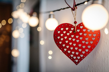 Red heart with vintage old wood on background picture bokeh and bulbs light. love . Valentines day.