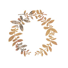 Golden wedding rustic wreath , rural restaurant banner background with natural gold foil textures. For wedding card, greeting cards and creation of hipster labels and natural eco and bio shops.