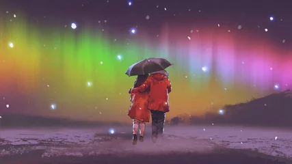 Tuinposter couple in red coat under an umbrella walking on snow looking at Northern light in the sky, digital art style, illustration painting © grandfailure