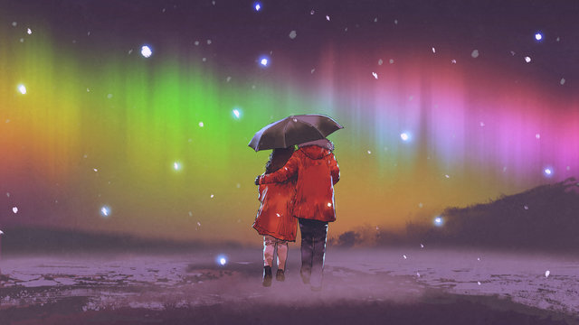 couple in red coat under an umbrella walking on snow looking at Northern light in the sky, digital art style, illustration painting