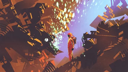 Fototapeten Sci-Fi-Szene des Astronauten, der vor dem Bedienfeld in einer futuristischen Fabrik steht, digitaler Kunststil, Illustrationsmalerei © grandfailure