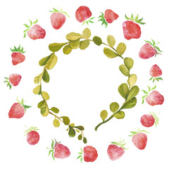 Watercolor strawberries, wedding  rustic framed wreath , rural restaurant banner background with natural watercolor splash painting texture. Wedding card, greeting cards, creation of hipster label.