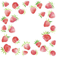 Watercolor strawberries, wedding  rustic framed wreath , rural restaurant banner background with natural watercolor splash painting texture. Wedding card, greeting cards, creation of hipster label.