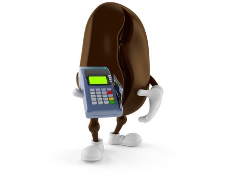 Coffee bean character holding credit card reader
