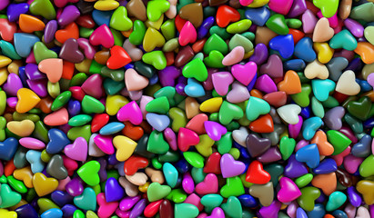 Fototapeta na wymiar Multicolored hearts. Background texture of hearts. Valentine's Day. 3d render illustration