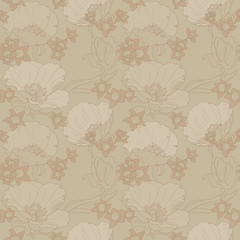 Faded monochrome seamless floral pattern in beige colors: repeated large poppies ornament 12x x12 inches'