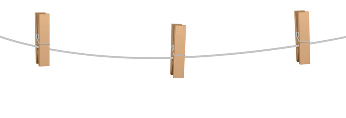 Three clothes pins on a clothes line rope - wooden pegs holding nothing. - obrazy, fototapety, plakaty