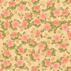 Fototapeta na wymiar seamless floral pattern in salmons, green and cream colors: repeated roses ornament on cream background 12x x12 inches'